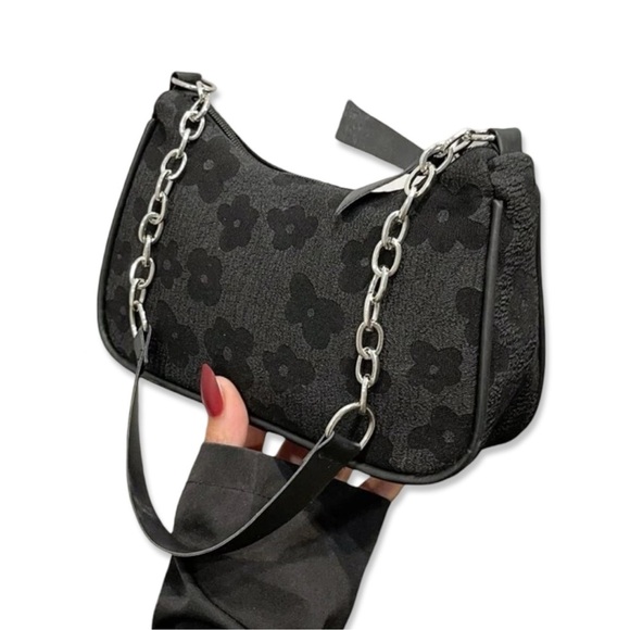 Handbags - Black floral print faux leather shoulder bag with silver chain | NWT